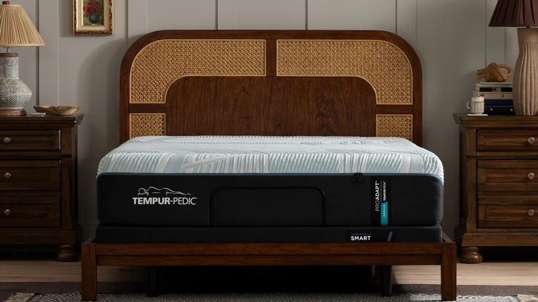 The Tempur-Pedic TEMPUR-ProAdapt Mattress on a bedframe with a rattan headboard and other decor items