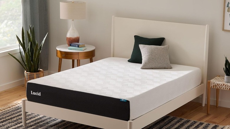 Lucid 10-inch memory foam mattress on a bedframe in a bedroom with neutral decor