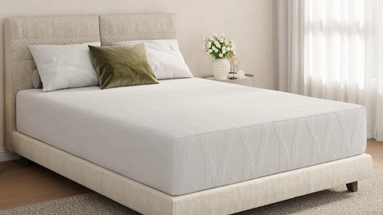 The Alwyn Home Gel Memory Foam Mattress on a cream bedframe against a light colored wall