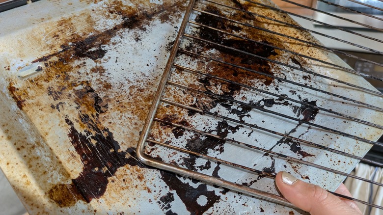 A dirty crumb tray and wire rack from a toaster oven