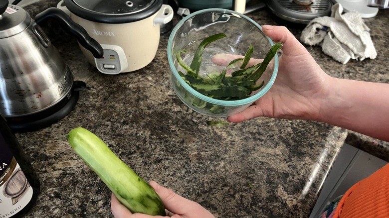 The author holding up a peeled cucumber and bowl of cucumber peels.