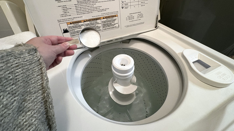 Epsom salt is added to a washing machine as it fills with water