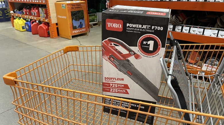 Leaf blower in box in cart