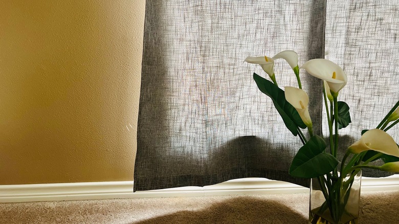 gray curtains with flowers