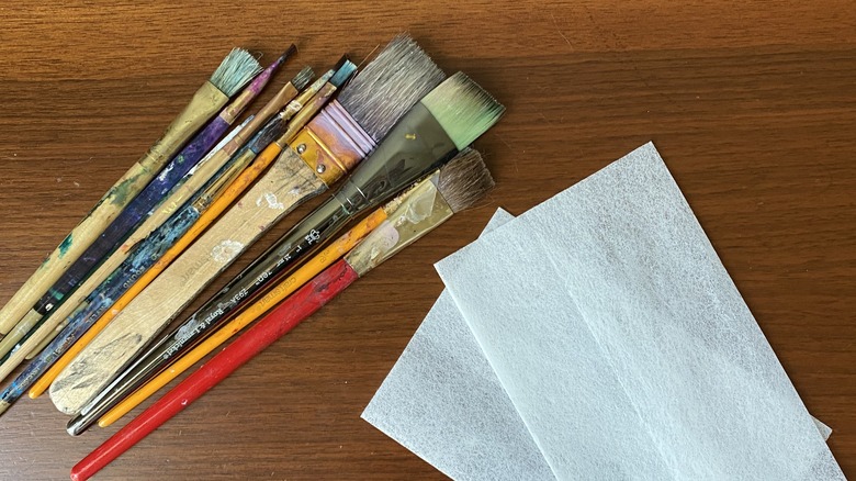 Dirty paintbrushes and two dryer sheets