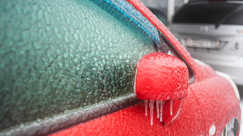 Red ice-covered car.