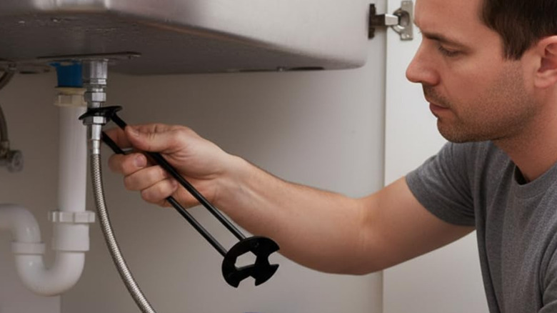 Plumber using a basin wrench in the bathroom