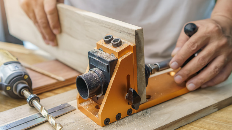 Close up of a pocket hole jig