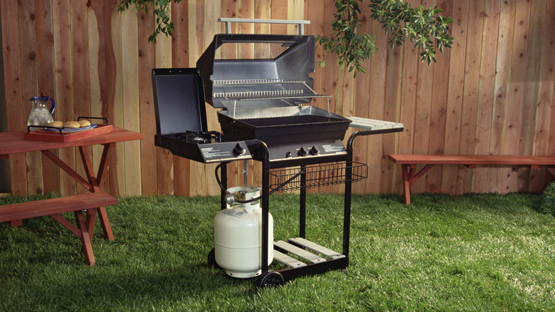 Propane gas grill in the backyard