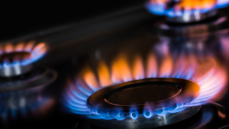 close up of orange and blue flames on a gas stove
