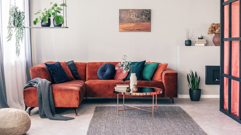 Red couch trendy living room