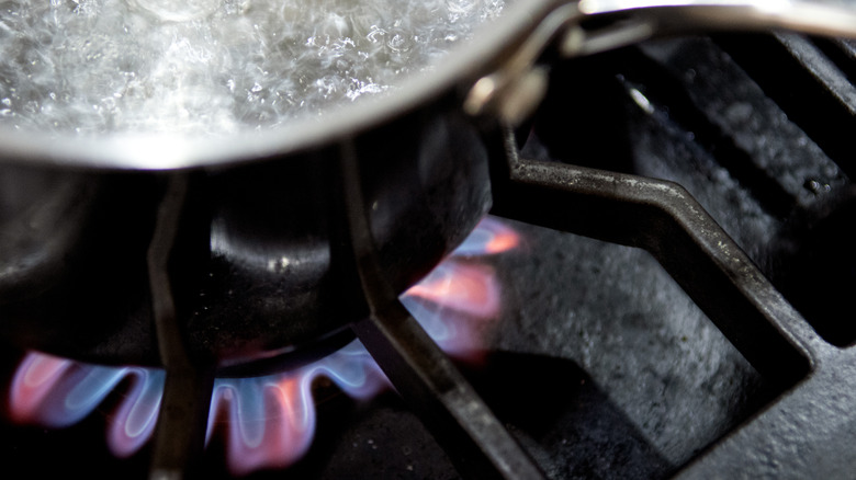 A pink-toned flame on a gas stove under a pot of boiling water