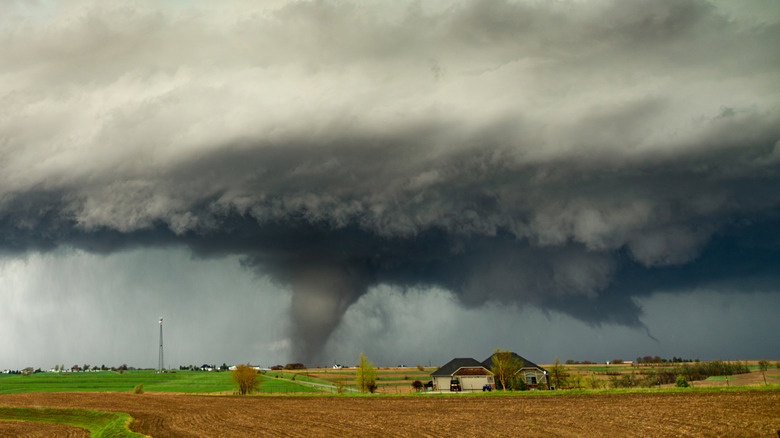 A tornado touching down in a rural area.