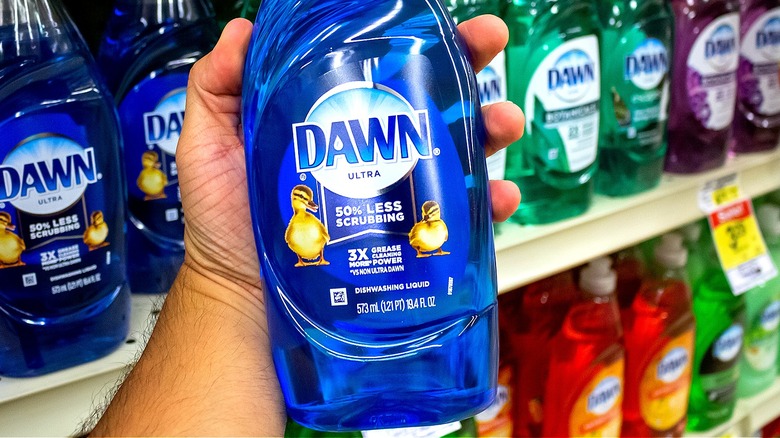 A view of a hand holding a bottle of Dawn dishwashing liquid at the grocery store