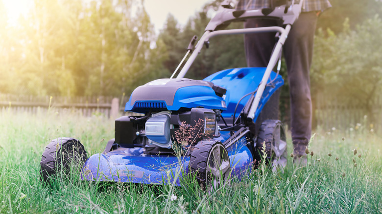 A lawn mower cutting tall grass.