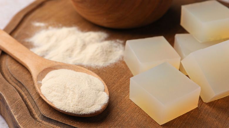 A scoop of powdery agar next to a few gelatinous cubes