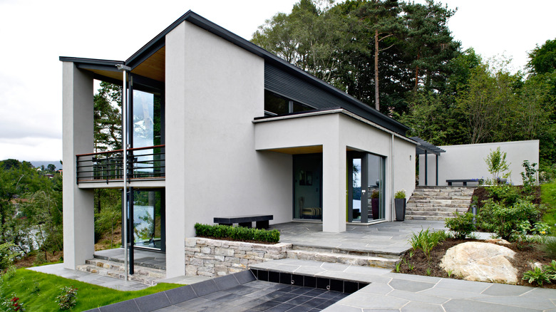 Front view of modern designed concrete residential house in western Norway