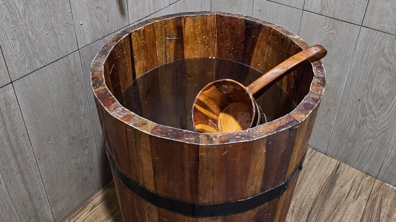 Traditional Japanese ofuro filled to the top with water