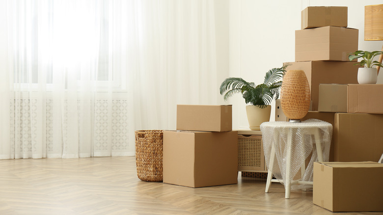 boxes piled in apartment