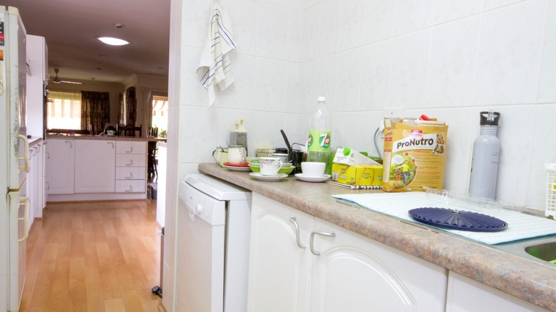 Scullery in foreground of kitchen