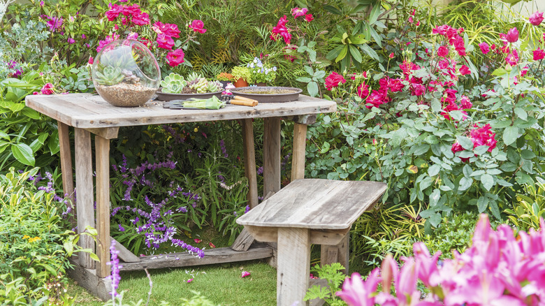 A potting bench with plants and tools on it