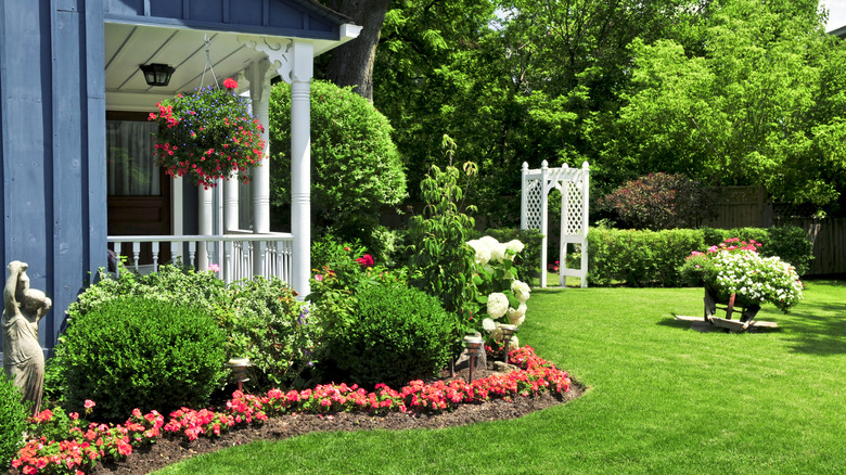 A beautifully landscaped back yard with plants, flowers, and trees.