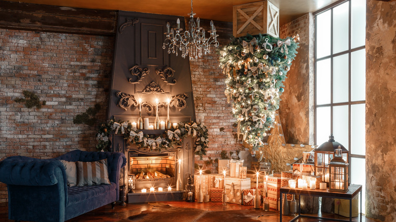 Christmas room with fireplace and upside down tree
