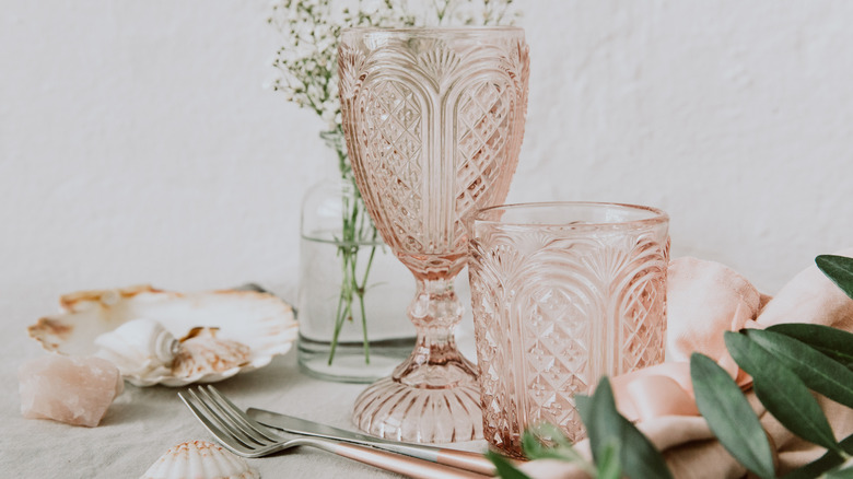 pink depression glass table setting