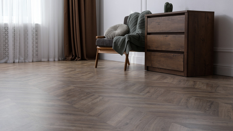 Patterned linoleum floor in bedroom