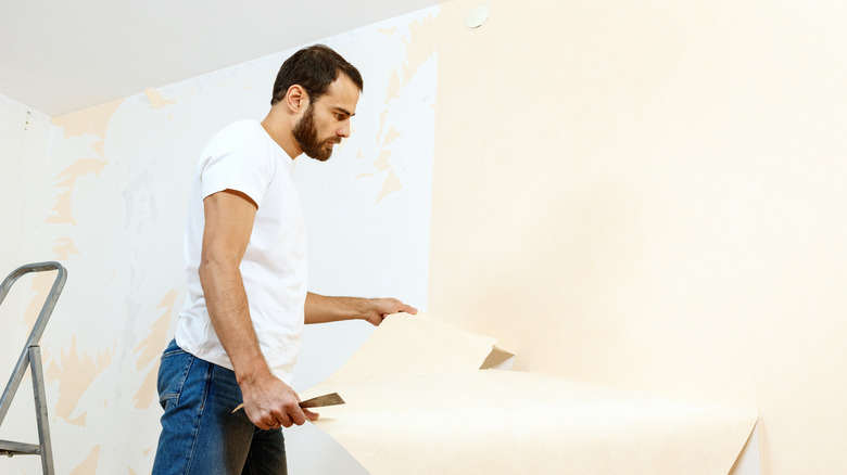 man removng wallpaper