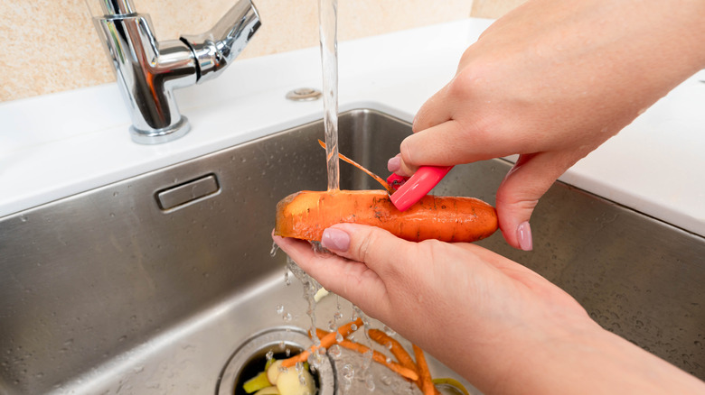 Person peels a carrot over a silver sink with a full garbage disposal.