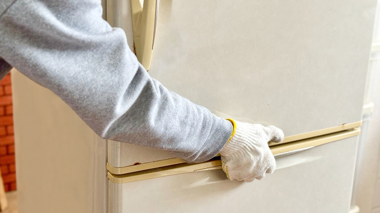Person wearing gloves pulling open the freezer drawer of a fridge.