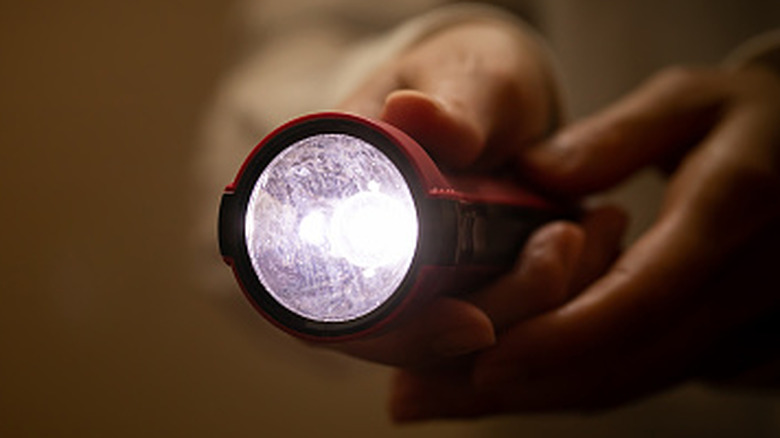 Hands holding a red flashlight with a white light switched on