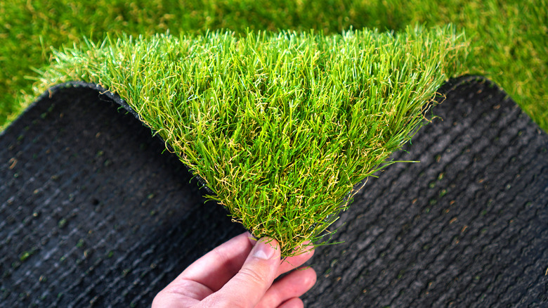 person holding artificial grass