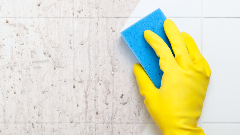 person cleaning bathroom wall