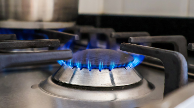 Blue flame on a gas stovetop on display