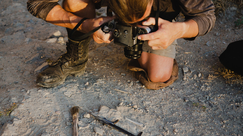 A person taking a photo of a fossil on the ground.