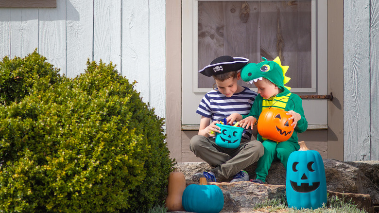 Teal pumpkins on porch