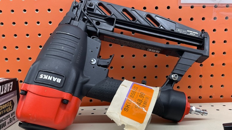 Power tool with an orange tag at Harbor Freight