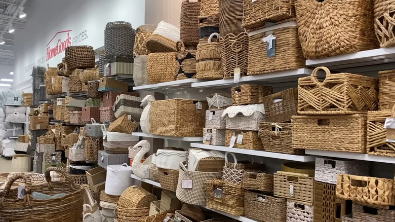 Shelves of baskets at HomeGoods
