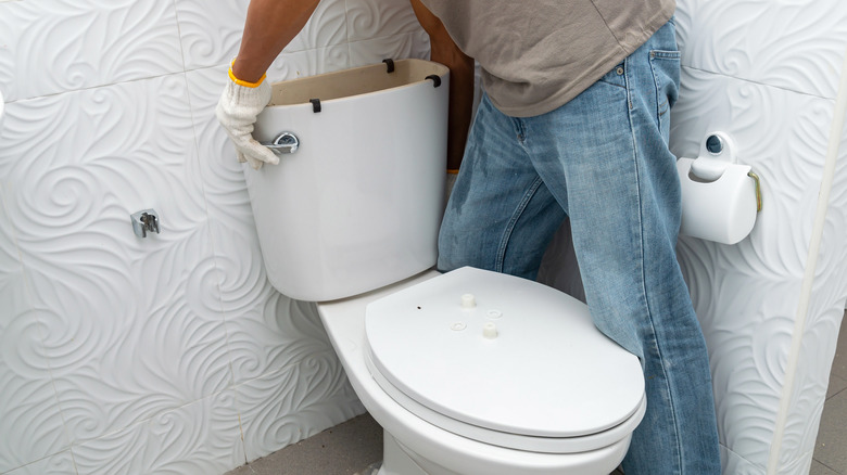 Man working in toilet tank