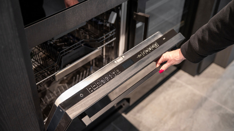 Close up of person opening dishwasher door