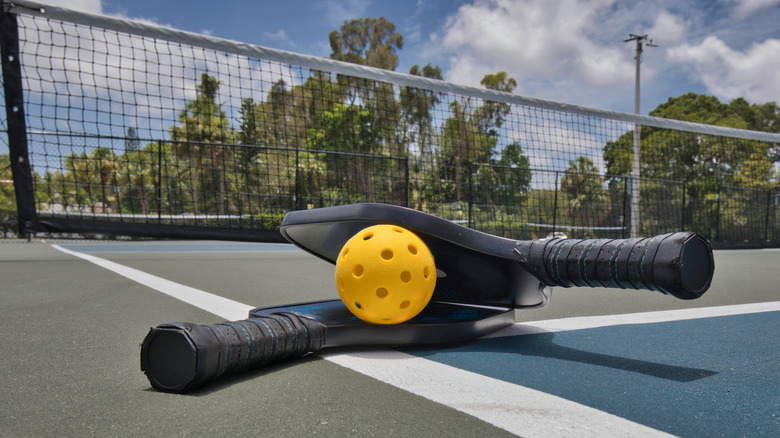 pickleball and paddle on court