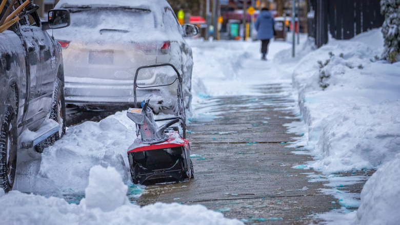 available snowblower sitting on sidewalk