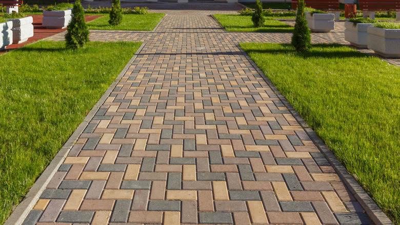 Straight pathway of modular bricks laid in a herringbone style in large garden space.