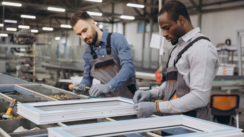 Two men working in a manufacturing plant assemble window frames