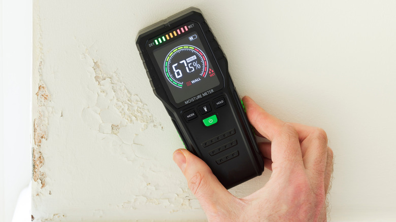 Person holding a moisture detector against interior wall