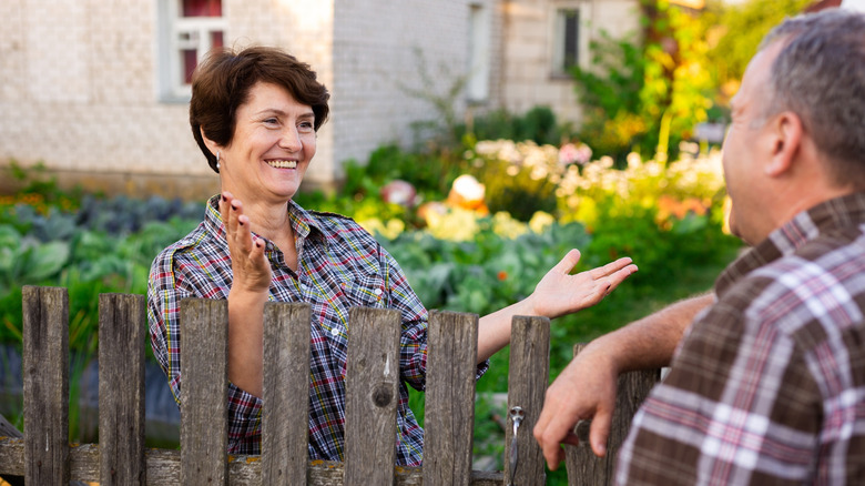 Neighbors chatting over a fence.