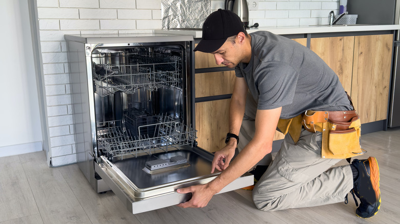 person fixing a dishwasher
