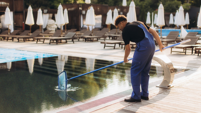 Man cleaning debris from pool with skimmer